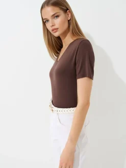 MOHITO Czekoladowy t-shirt z dekoltem V bru0105zowy Outlet