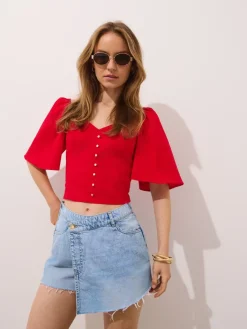 MOHITO Czerwona bluzka z bufiastymi rękawami czerwony Fashion