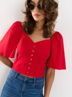 MOHITO Czerwona bluzka z bufiastymi rękawami czerwony Fashion