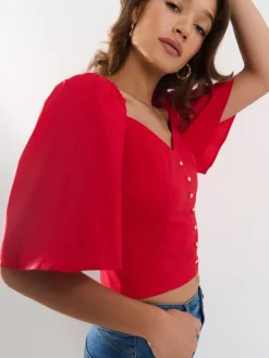 MOHITO Czerwona bluzka z bufiastymi rękawami czerwony Fashion