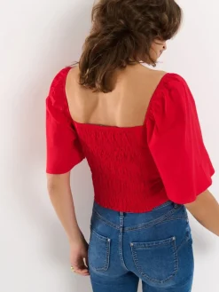 MOHITO Czerwona bluzka z bufiastymi rękawami czerwony Fashion