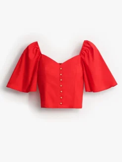 MOHITO Czerwona bluzka z bufiastymi rękawami czerwony Fashion