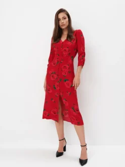 MOHITO Czerwona wiskozowa sukienka midi czerwony Fashion