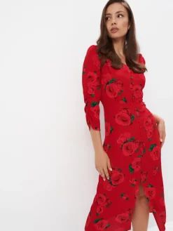 MOHITO Czerwona wiskozowa sukienka midi czerwony Fashion
