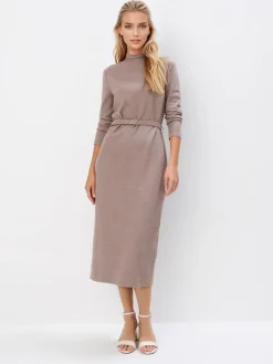 MOHITO Dzianinowa brązowa sukienka midi bru0105zowy Outlet