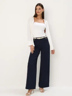 MOHITO Granatowe spodnie z szeroką nogawką granatowy Fashion
