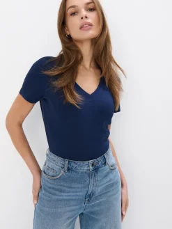 MOHITO t-shirt z dekoltem V granatowy Discount