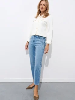 MOHITO Jeansy mom slim z ozdobnymi elementami niebieski Outlet