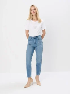 MOHITO Jeansy mom slim z ozdobnymi elementami niebieski Outlet