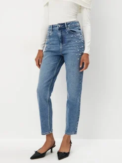 MOHITO Jeansy mom z ozdobnymi elementami niebieski Sale