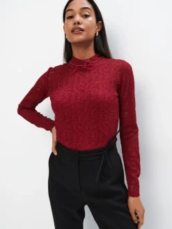 MOHITO Koronkowa bordowa bluzka kasztanowy Fashion