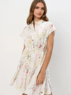 MOHITO Koszulowa sukienka mini w kwiaty kremowy Clearance