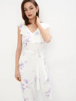 MOHITO Kwiatowy kombinezon z wiązaniem kremowy Fashion