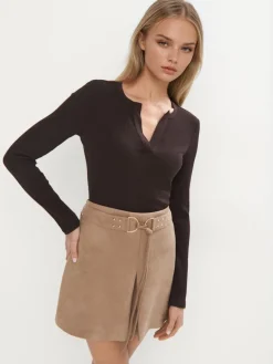 MOHITO Prążkowana czekoladowa bluzka basic ciemno bru0105zowy Clearance
