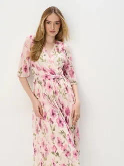 MOHITO Różowa sukienka midi w kwiaty beu017cowy Fashion
