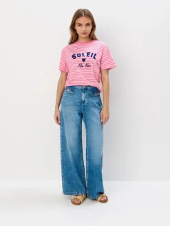 MOHITO Różowy t-shirt w paski mocny ru00f3u017cowy Discount
