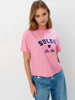 MOHITO Różowy t-shirt w paski mocny ru00f3u017cowy New