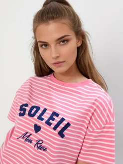 MOHITO Różowy t-shirt w paski mocny ru00f3u017cowy New