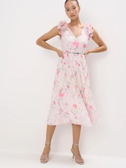 MOHITO Sukienka midi z paskiem pastelowy ru00f3u017cowy Discount