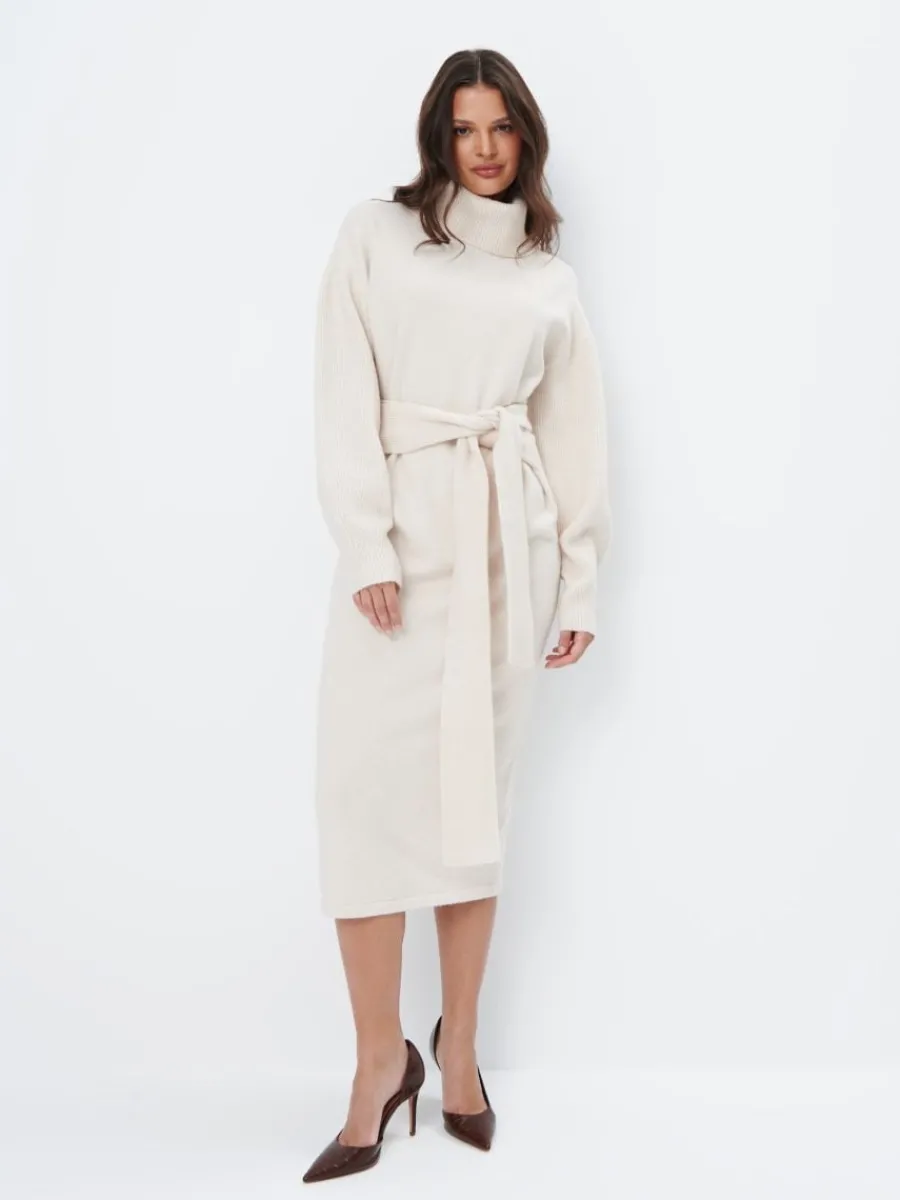 MOHITO Swetrowa sukienka midi z golfem beu017cowy New