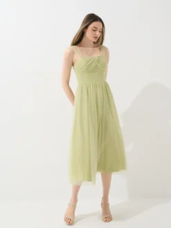 MOHITO Tiulowa sukienka midi oliwkowy Hot