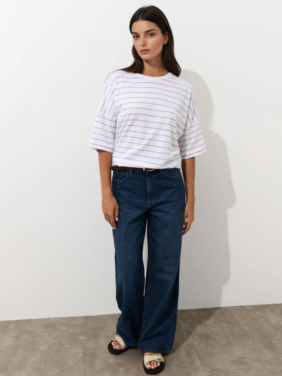 MOHITO T-shirt z bawełny i lnu biau0142y Hot
