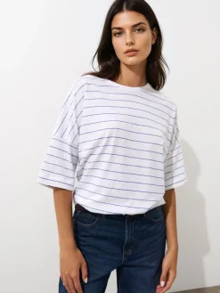 MOHITO T-shirt z bawełny i lnu biau0142y Hot