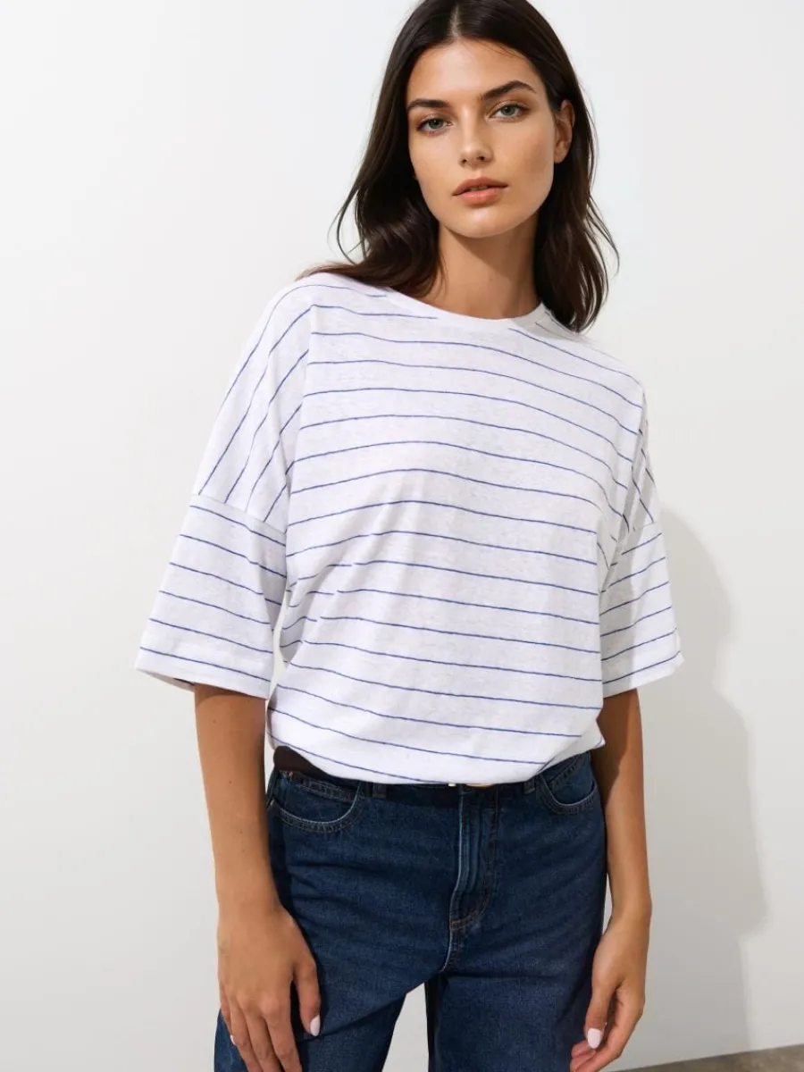 MOHITO T-shirt z bawełny i lnu biau0142y Hot