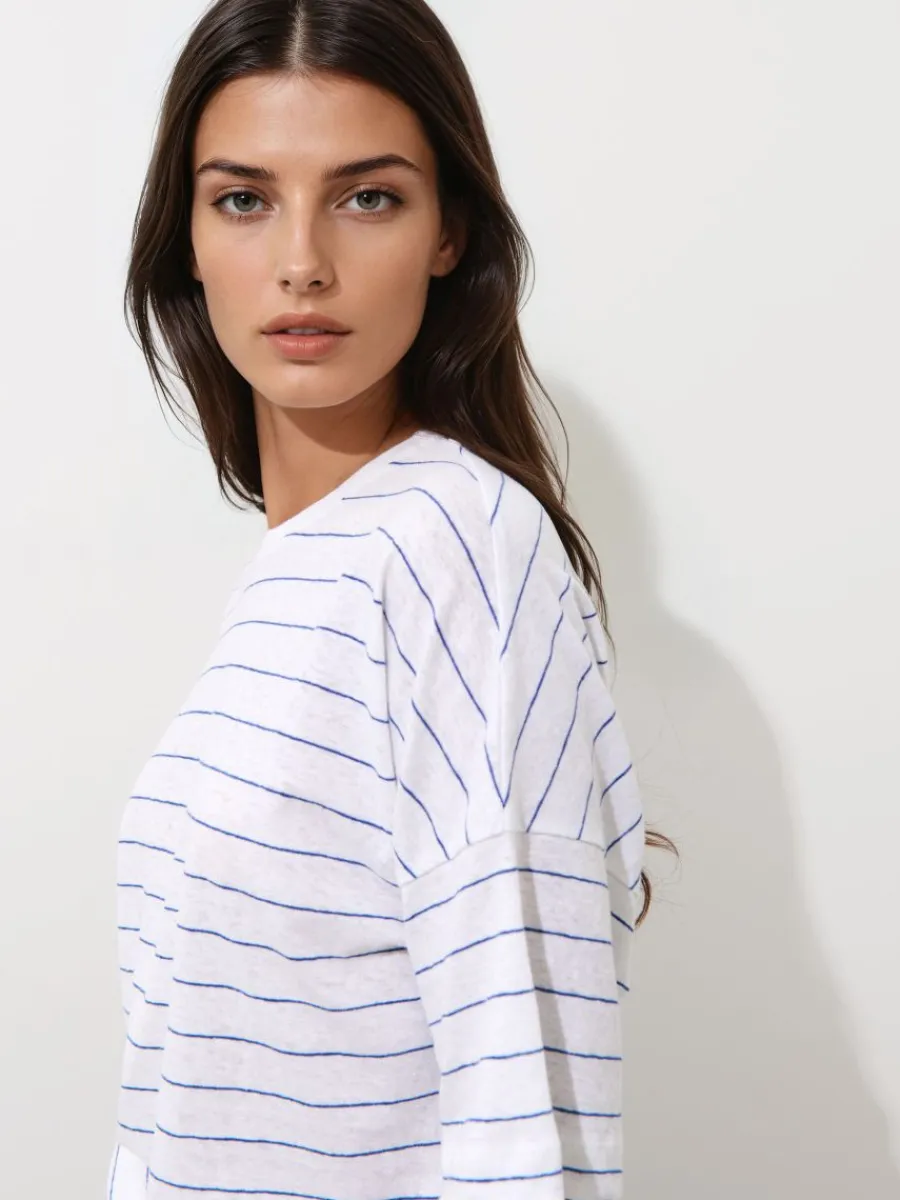 MOHITO T-shirt z bawełny i lnu biau0142y Hot