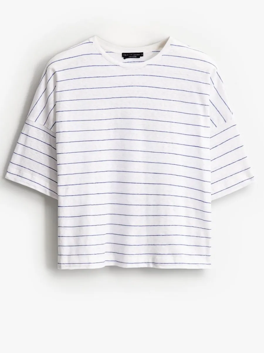 MOHITO T-shirt z bawełny i lnu biau0142y Hot
