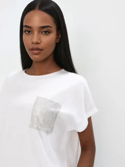 MOHITO T-shirt z cekinową kieszenią biau0142y Clearance