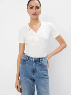 MOHITO T-shirt z dekoltem V kremowy Outlet