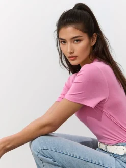 MOHITO T-shirt z dodatkiem jedwabiu pastelowy ru00f3u017cowy Hot