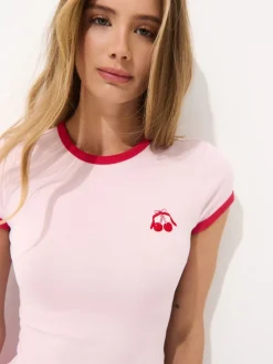 MOHITO T-shirt z drobnym haftem pastelowy ru00f3u017cowy Fashion