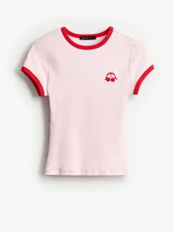 MOHITO T-shirt z drobnym haftem pastelowy ru00f3u017cowy Fashion