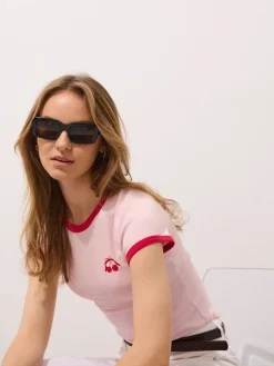MOHITO T-shirt z drobnym haftem pastelowy ru00f3u017cowy New