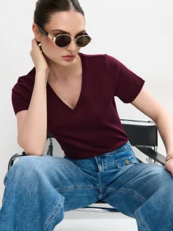 MOHITO T-shirt z merceryzowanej bawełny kasztanowy Outlet
