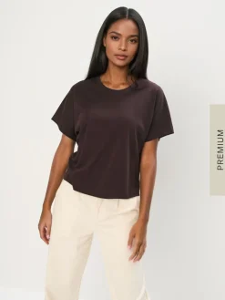 MOHITO T-shirt z merceryzowanej bawełny ciemno bru0105zowy Outlet