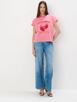 MOHITO T-shirt z owocowym nadrukiem ru00f3u017cowy Outlet