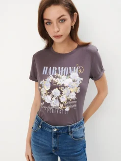 MOHITO T-shirt z printem szary New