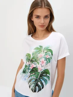 MOHITO T-shirt z roślinnym nadrukiem kremowy Clearance