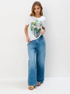 MOHITO T-shirt z roślinnym nadrukiem kremowy Clearance