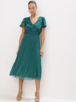 MOHITO Zielona sukienka midi z krótkim rękawem miu0119towy Hot